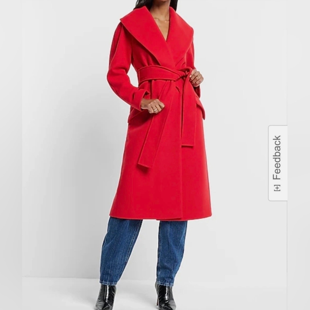 Lipstick Red Belted Shawl Wrap Lapel Coat